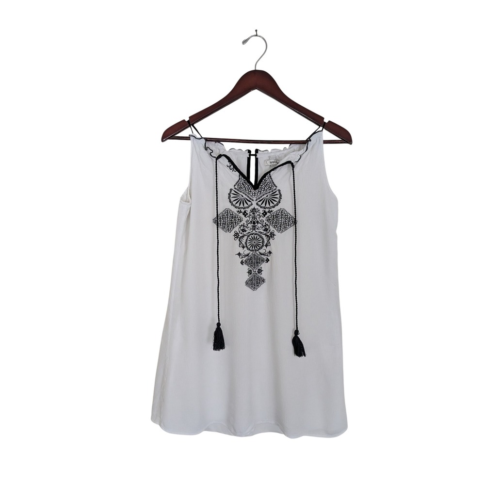Speechless White Black Embroidered Tassel Boho Sleeveless Blouse Top Small